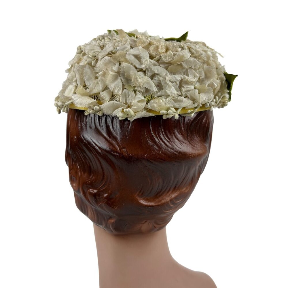 Vintage 50s Floral Hat White Green Bows Formal Round Pillbox B. Forman - Picture 5 of 11
